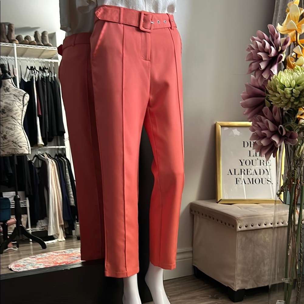 Coral Cropped Ankle Pants with Wide Belt